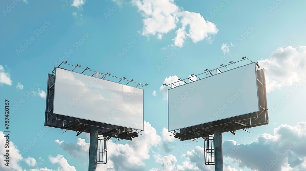 Wall mural two blank white billboards or large displays on tower and clouds against blue sky mock up image mock