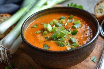 Creamy tomato soup enriched with chickpeas and leeks