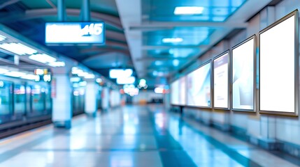Fototapeta premium Two Bank billboards indoors of metro or airport hall advertising mock up public information board Blur Background : Generative AI