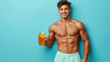 A man with a muscular body is holding a glass of orange juice
