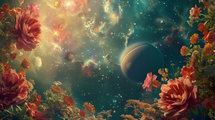 Fototapeta na wymiar Cosmic Floral Universe: A Surreal Space Garden