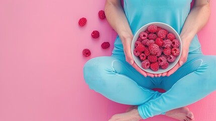 A woman is holding a bowl of raspberries while sitting on a pink surface