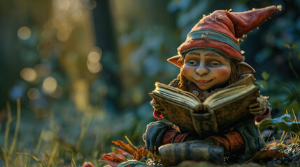 Whimsical gnome figurine sits outdoors, deeply engrossed in an open book, surrounded by nature's glow. - obrazy, fototapety, plakaty