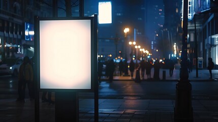 Billboard in a stop White field for advertising glowing at night in the city Vertical Field Mockup with people in the background : Generative AI