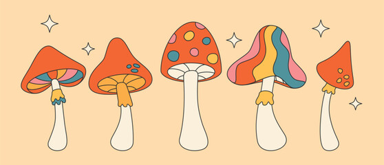 Cool set of hand drawn rainbow color elements in groovy vintage style, retro 60s, 70s. Colored Isolated Mushrooms.  Vector illustration eps10