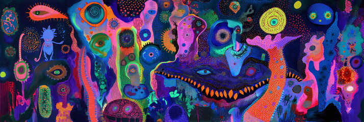 Psychedelic creatures and abstract forms, painted in a riot of vibrant colors and patterns.