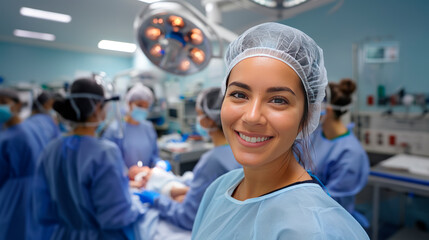Smiling female surgeon in scrubs with a surgical team in the background in an operating room