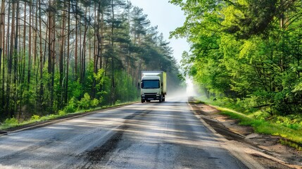 Fototapeta na wymiar An electric truck carries cargo along a forest road. A cleaner forest road: The electric truck leaves no trace of pollution as it travels along the forest road, preserving the pristine beauty of