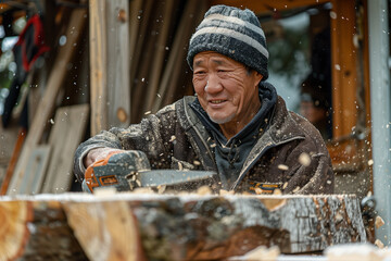 Elderly Man Operating Chainsaw