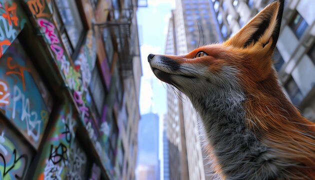 Bring to life the intriguing sight of a solitary fox gazing curiously at a towering skyscraper adorned with graffiti tags, juxtaposing nature and urban elements in a photorealistic digital rendering t