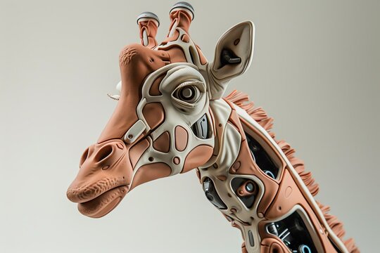 Bring a futuristic twist to traditional mediums by illustrating a clay sculpture of a robotic giraffe from an unexpected camera angle, conveying a sense of wonder and awe