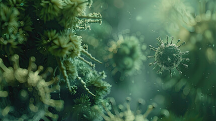 a studio shot of a closeup of A Virus background, Flu, viruses, and bacteria shape against the background. Close-up of virus cells or bacteria