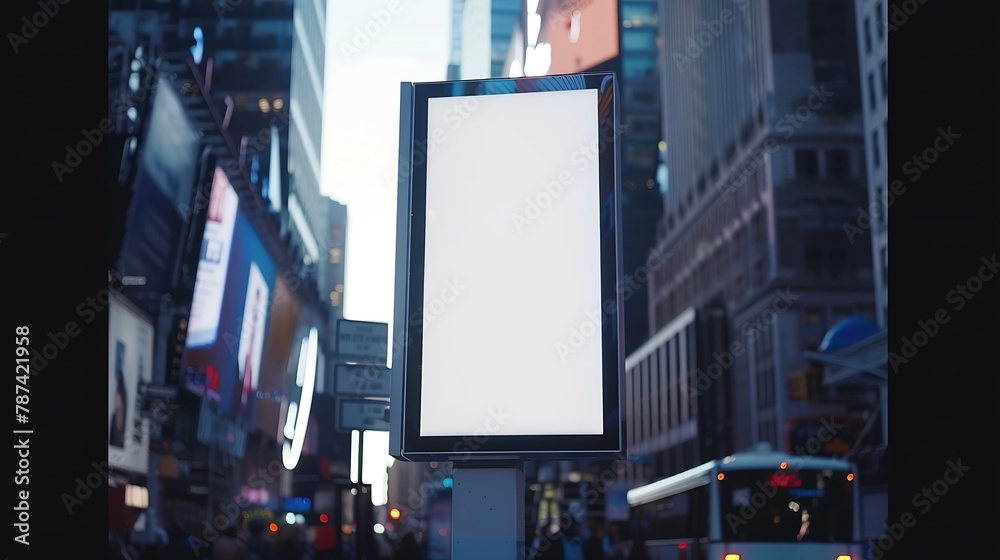 Poster blank mock up of vertical street ad billboard in busy city street : generative ai