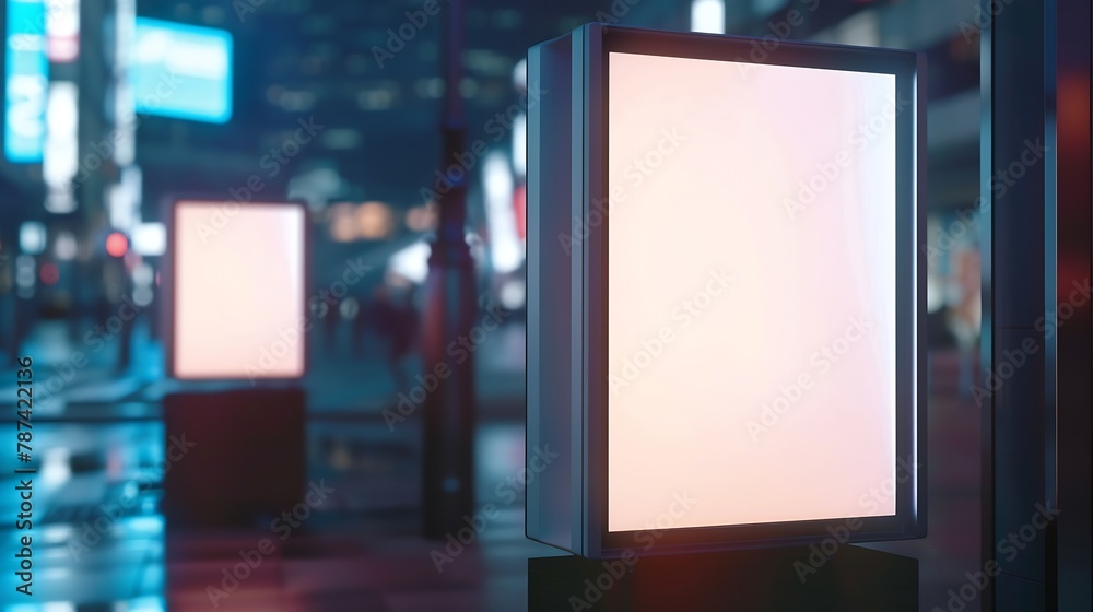 Poster mock up of two vertical lightboxes in city space at night : generative ai