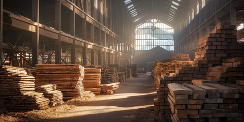Golden rays of sunlight spill into an old lumber mill, highlighting wooden planks and sawdust trails