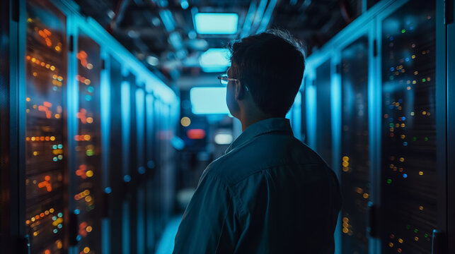 Man in glasses and a shirt stands inside a server room, with racks of computer equipment illuminated by blue lights.