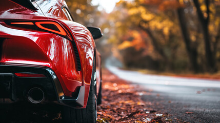 Rear of a red sports car parked on a leaf-strewn road, showcasing its sleek design and horsepower...