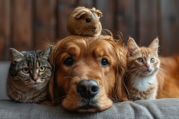 A whimsical stack of a parakeet, guinea pig, and cat on a dog's head, showcasing the delightful possibilities of animal harmony,Minimalist interiors