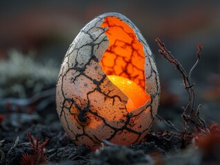 Amidst cracked shells, one egg with a radiant yolk stands proud, a symbol of uniqueness and untouched natural quality,Ethereal celestial bodies