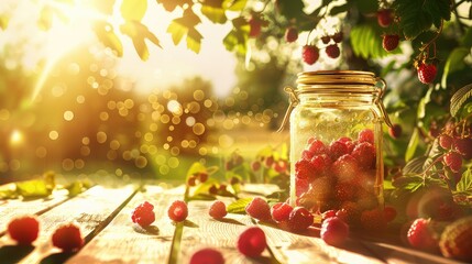 Homemade dessert of canned raspberries in a glass jar on a wooden table. A delightful medley of...