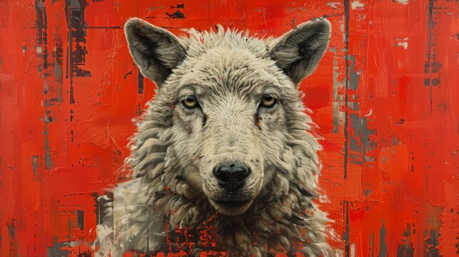 A striking visual metaphor featuring a wolf disguised as a sheep, creatively illustrating the famous idiom,Expressionist urban scenes