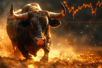 In the dynamic dance of finance, a formidable bull with the Bitcoin emblem races ahead, stock market charts soaring behind,Silhouette storytelling