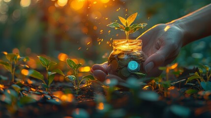 Sunlit hands cradle a jar, where a lush tree sprouts coins, embodying financial success and growth. Ideal for investment ads,Vintage travel posters - obrazy, fototapety, plakaty