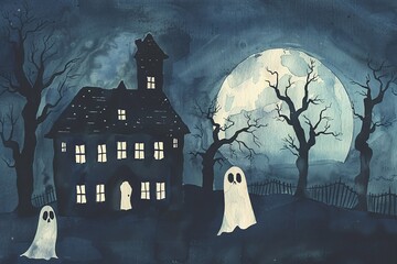 In a minimalistic setting, feature a high-angle view of a haunted house at midnight, with eerie shadows and ghostly silhouettes in watercolor - obrazy, fototapety, plakaty