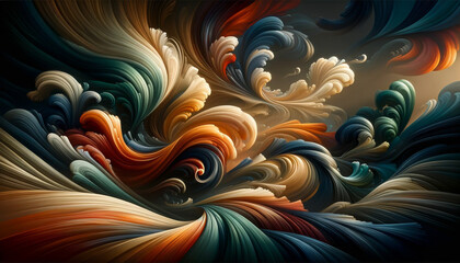 A colorful painting of a wave with a blue sky in the background
