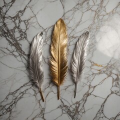 Wall art, marble background with gold and silver feather designs