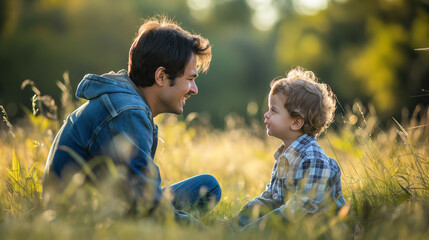 Father and son engage in a deep conversation in a field during the golden hour of sunset.