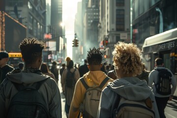 a diverse group of people walks along the streets of a futuristic city, captured from behind with...