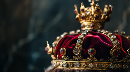 Ornate golden crown resting on dark velvet, suggesting a narrative of wealth, power, and historical royalty. - obrazy, fototapety, plakaty