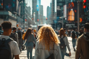 a diverse group of people walks along the streets of a futuristic city, captured from behind with an over-the-shoulder perspective
