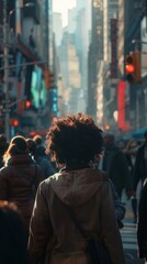 Obraz premium a diverse group of people walks along the streets of a futuristic city, captured from behind with an over-the-shoulder perspective 