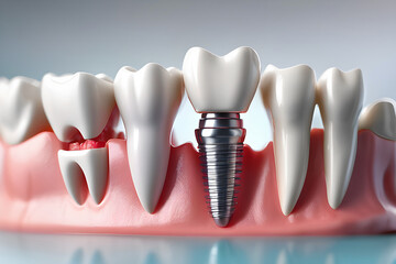 imitation of a dental prosthesis of a dental bridge for three teeth with a metal screw implant on a blue background, macro.
