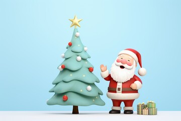 A heartwarming 3D cartoon illustration in pastels, featuring Santa Claus and a sparkling Christmas tree cute, animation, technicolor, illustration