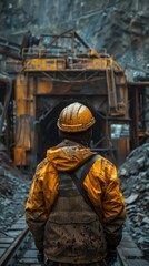 Fototapeta premium A miner standing at the entrance of a closed mine, illustrating the decline of the industry and job insecurity