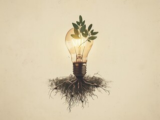 A minimalist illustration of a light bulb with roots, symbolizing the growth of ideas in science