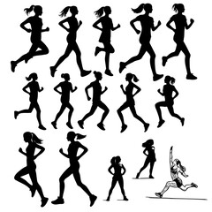 A series of silhouettes of women running. Scene is energetic and active. The idea behind the image is to showcase the athleticism and determination of women runners