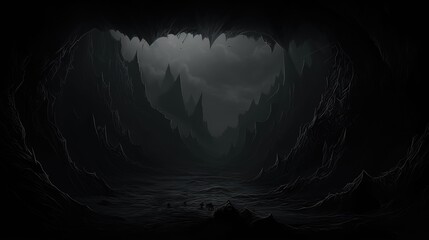 Mysterious Dark Cave Landscape with Eerie Atmosphere and Silhouetted Figures