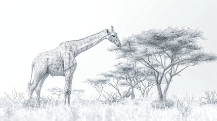 Wireframe giraffe browsing acacia trees in savannah. Digital art for educational content on wildlife and environment. Ideal for use in scientific visualization and ecological design