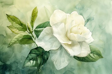 A romantic watercolor of a gardenia, its creamy white petals exuding elegance and simplicity against a soft green backdrop - obrazy, fototapety, plakaty