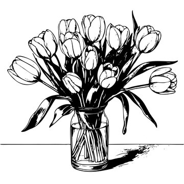 recommend clip art: A vase of tulips sits on a table. The flowers are black and white, and the vase is clear. Concept of elegance and simplicity, as the focus is on the beauty of the flowers