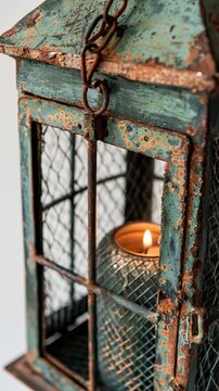 A rustic, metal lantern, door open, candle inside, against white