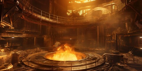 An atmospheric image of a molten metal furnace casting a warm glow in a gloomy industrial setting, evoking a sense of heat and power - obrazy, fototapety, plakaty