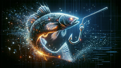 A fish is shown with a fishing hook in its mouth. The image is a digital art piece that captures the essence of fishing and the excitement of catching a fish - obrazy, fototapety, plakaty