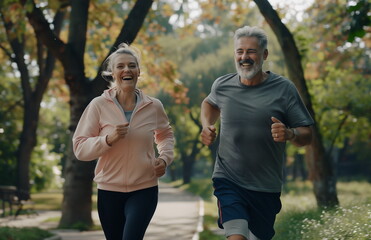 An elderly couple is jogging in the park in the morning. The concept of healthy lifestyle and sports