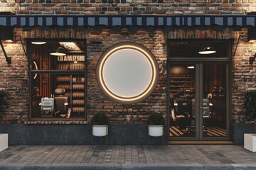 Modern Barber Shop Exterior at Night Displaying Stylish Interior Design and Branding