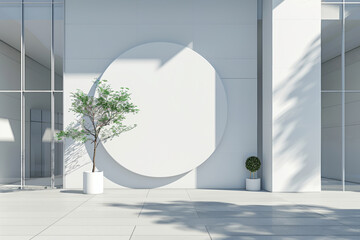 Modern art gallery entrance with a minimalist design featuring a blank circular billboard